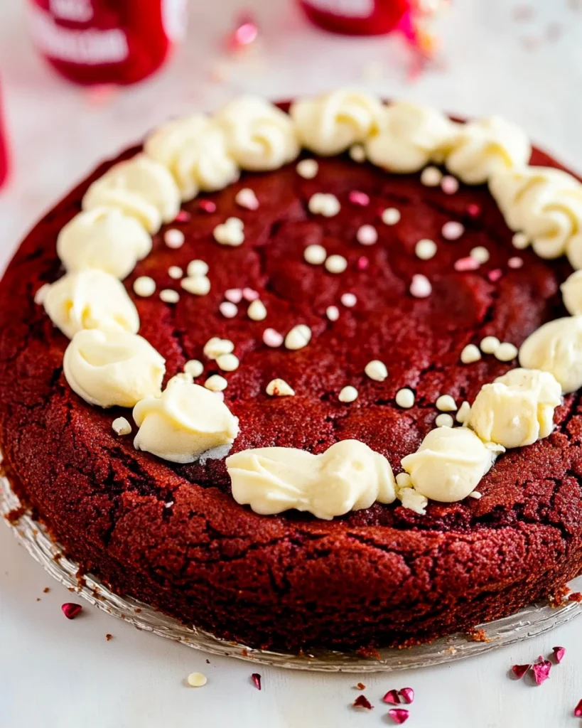 A delicious red velvet cake topped with creamy white frosting, perfect for any celebration or dessert craving.