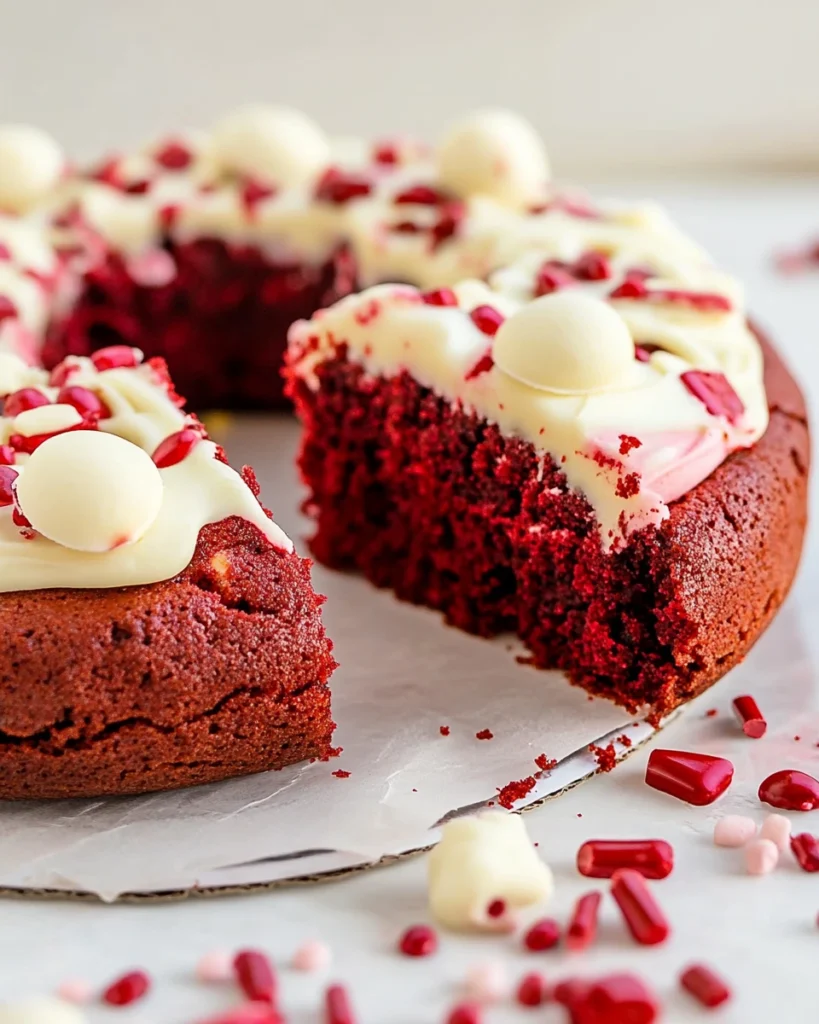 A delicious red velvet cake with a slice taken out, showcasing its rich color and creamy frosting. Perfect for dessert!