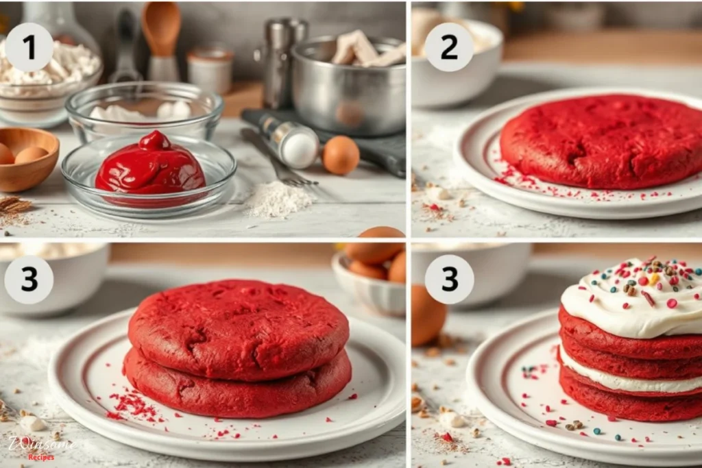 Four images illustrating the step-by-step process of making a delicious red velvet cookie cake.