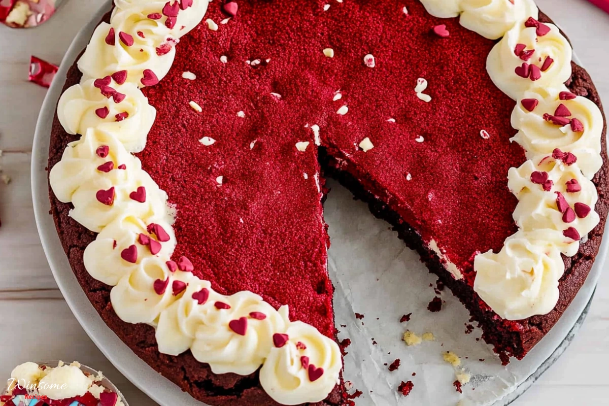 red velvet cookie cake recipe with a slice removed, showcasing its rich color and creamy frosting, perfect for a delightful dessert.