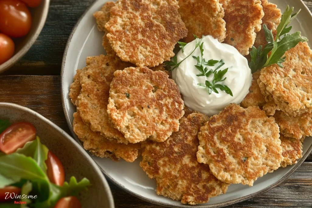 A beautifully arranged plate savory buckwheat cakes recipes showcasing golden-brown crispy edges, topped with a dollop of creamy yogurt and garnished with fresh herbs