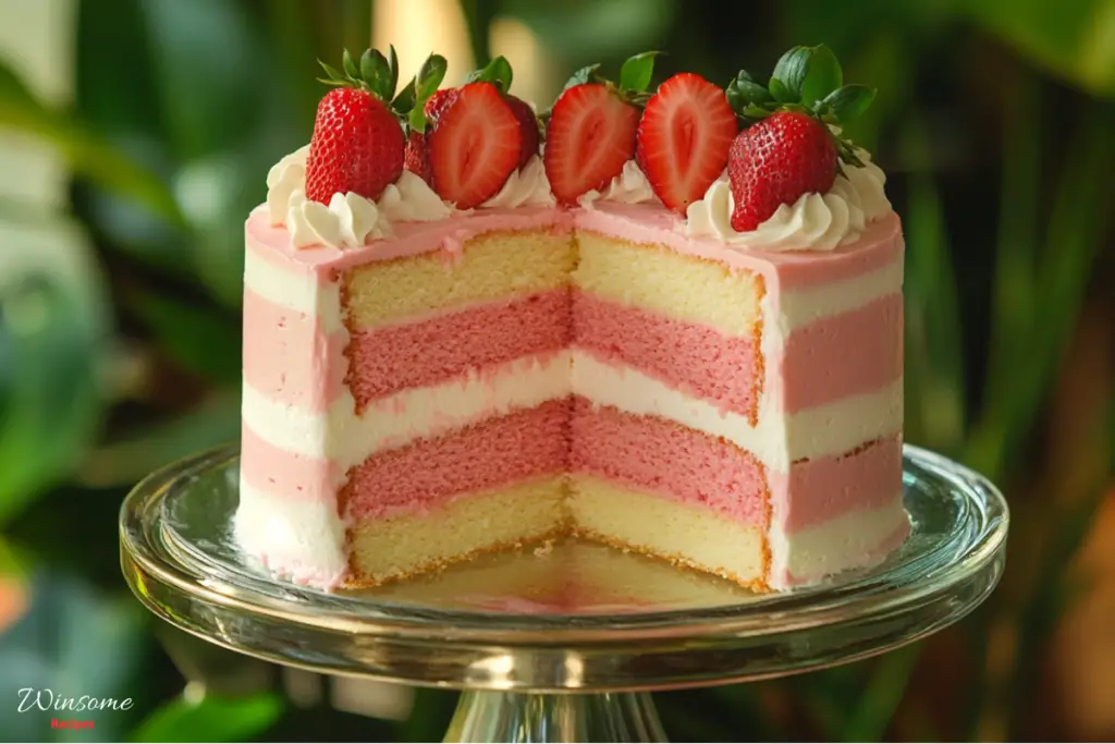 A layered strawberry cheesecake cake recipe on a clear glass cake stand. The cake features two moist pink strawberry cake layers with a creamy cheesecake layer in between.