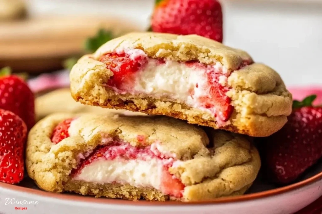 Delicious strawberry cheesecake cookies on a plate, garnished with fresh strawberries for a sweet treat.
