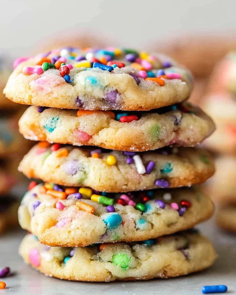 A vibrant stack of sugar cookies topped with colorful sprinkles, inviting and deliciously sweet.