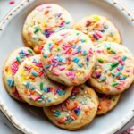 A vibrant plate of sugar cookies topped with colorful sprinkles, perfect for a sweet treat or festive occasion.