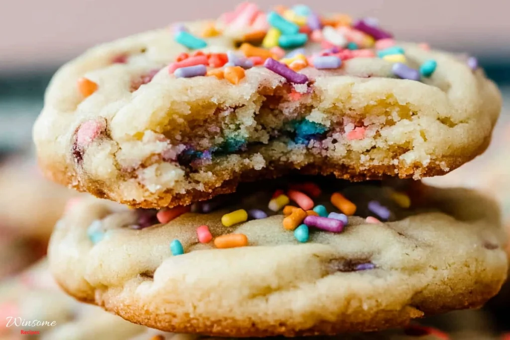 A close-up of a sugar cookie adorned with colorful sprinkles, showcasing its sweet and festive appearance.