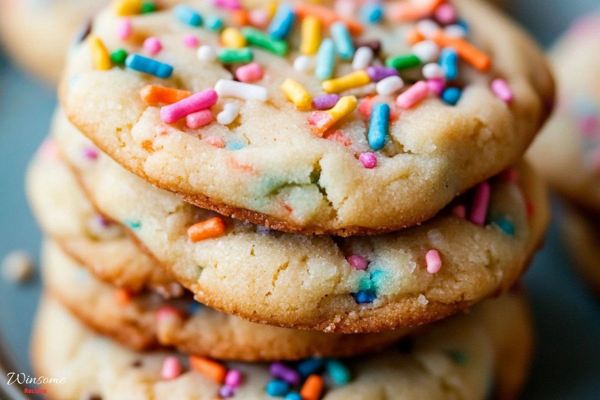 A delightful stack of sugar cookies with sprinkles and creamy frosting.