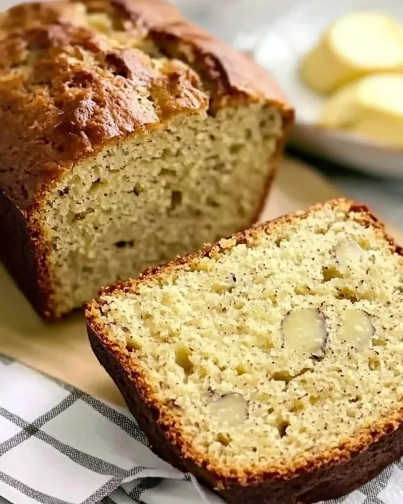 A loaf of four-ingredient banana bread topped with butter and a knife resting beside it.