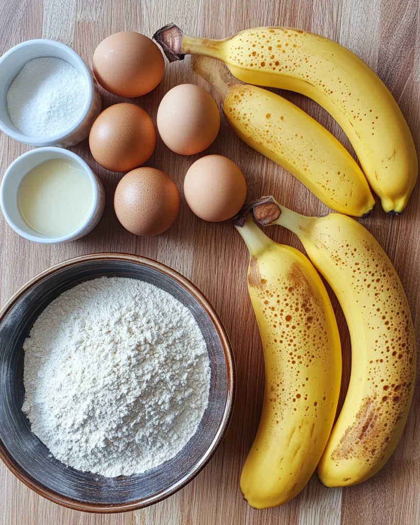 A collection of four simple ingredients for making delicious banana bread, including ripe bananas, flour, sugar, and eggs.