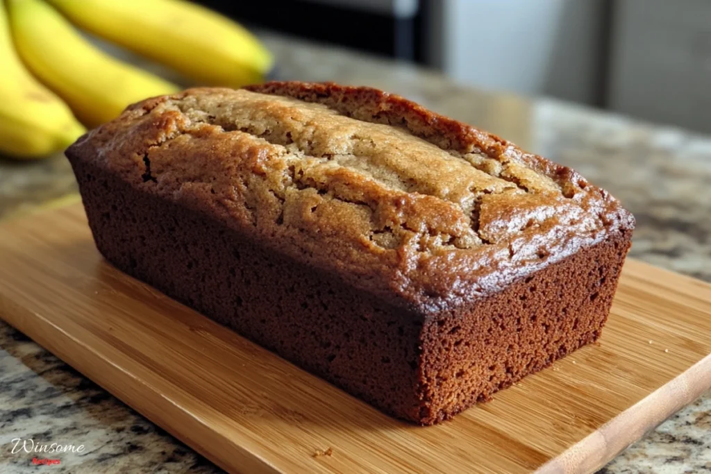 A freshly baked loaf of 4-ingredient banana bread resting on a wooden cutting board, ready to be sliced and enjoyed.