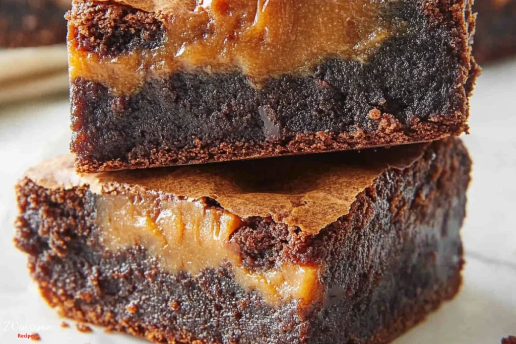 Delicious close-up of three caramel-topped brownies, showcasing their rich texture and tempting sweetness.