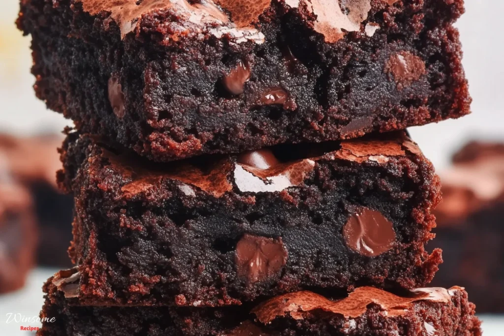 A stack of three chewy brownies topped with chocolate chips, showcasing their rich texture and delicious appeal.