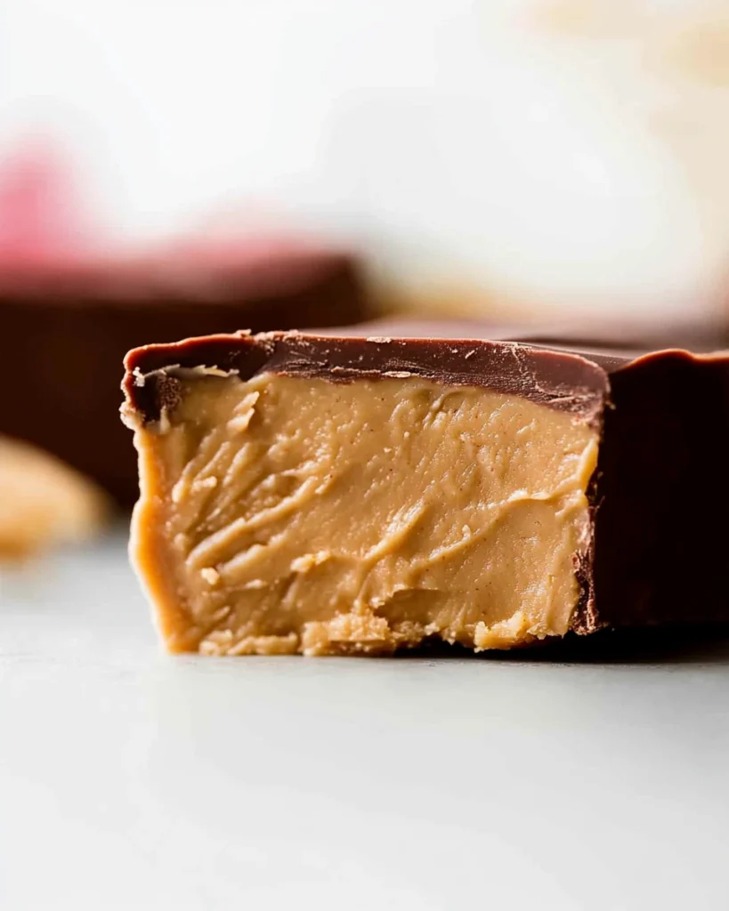 A close-up of a rich chocolate peanut butter bar, showcasing its creamy texture and delicious layers.