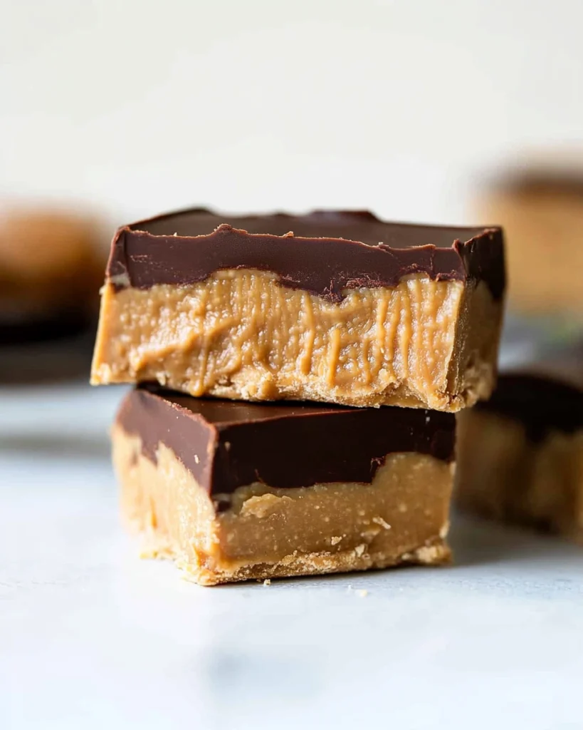Three delicious chocolate peanut butter bars stacked neatly, showcasing their rich, creamy layers and tempting texture.