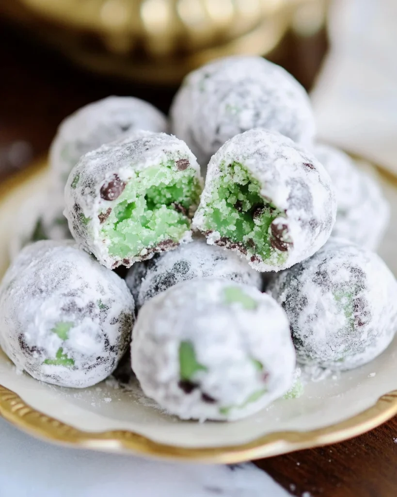 Green and white chocolate-covered doughnuts arranged on a plate, showcasing a delightful dessert presentation.