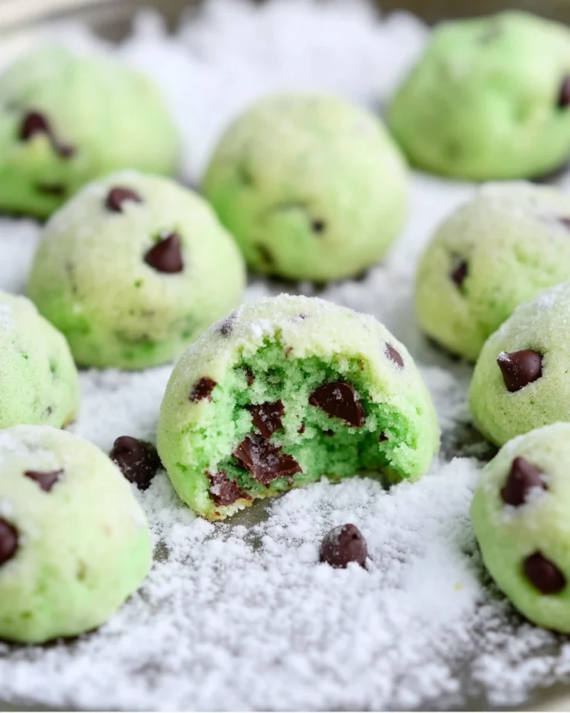 Green chocolate chip cookies dusted with powdered sugar, resembling mint chocolate chip snowball cookies.