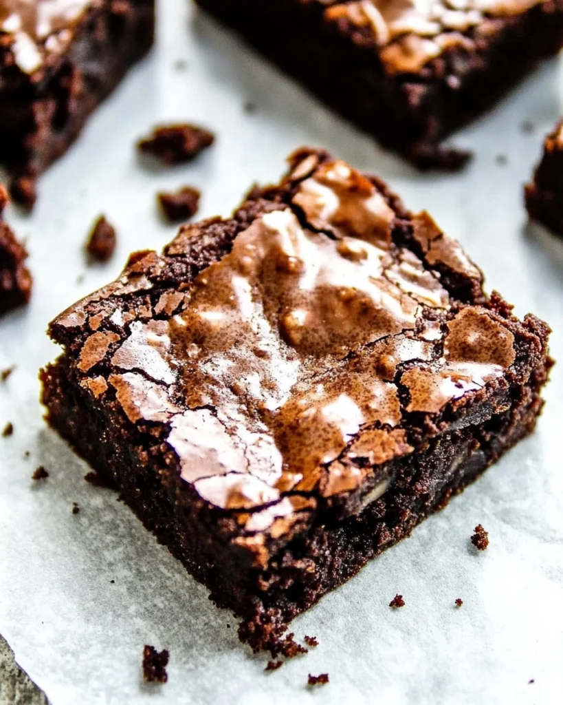 A close-up of a rich, fudgy square of One Bowl Brownies, showcasing its glossy top and soft, chewy texture.