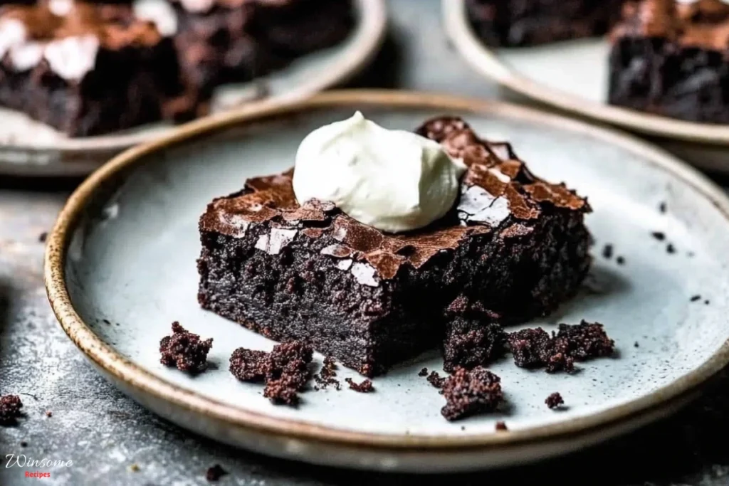 A delicious plate of One Bowl Brownies topped with fluffy whipped cream, ready to be enjoyed.