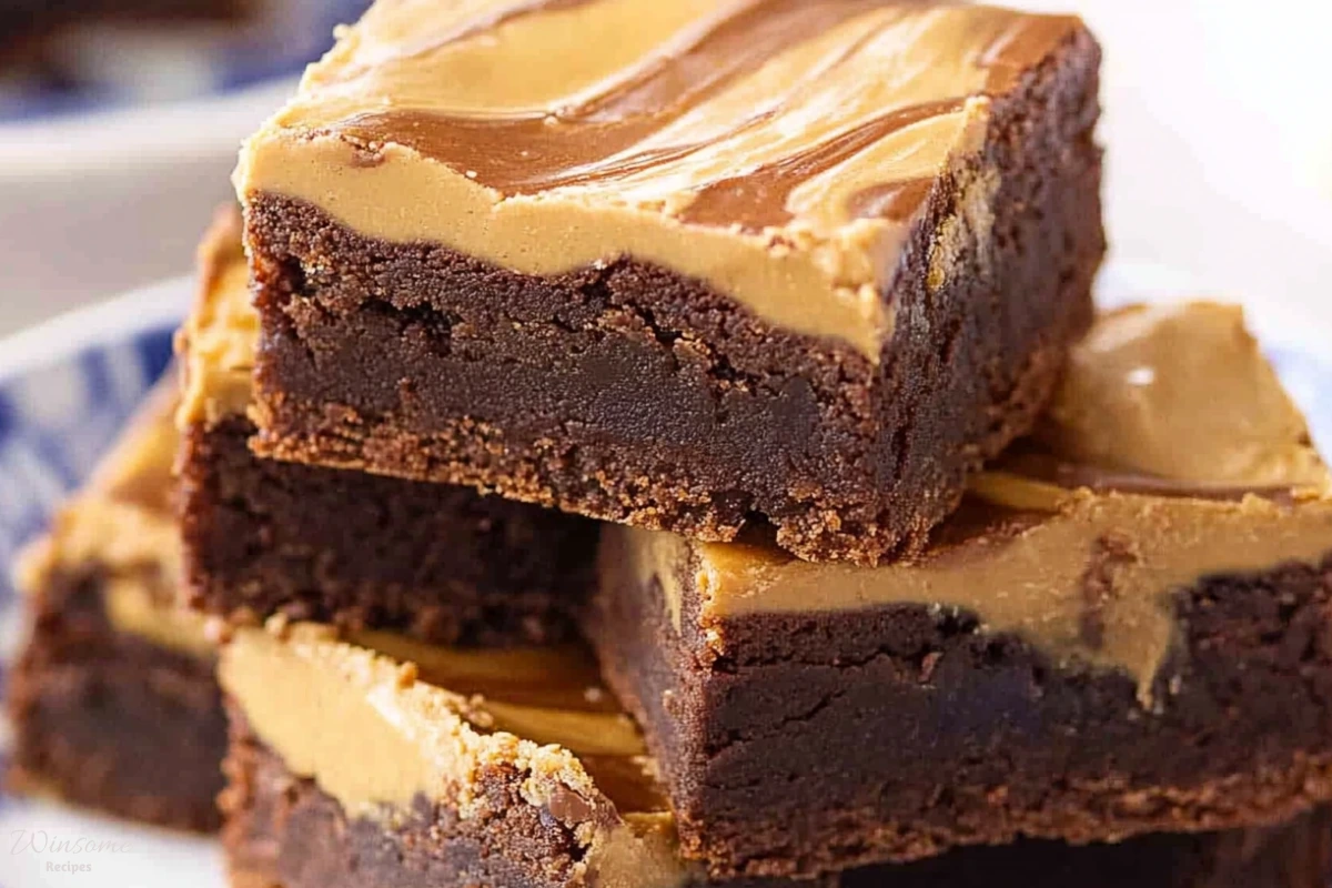 A close-up of rich peanut butter brownies, showcasing their decadent texture and creamy peanut butter swirls.
