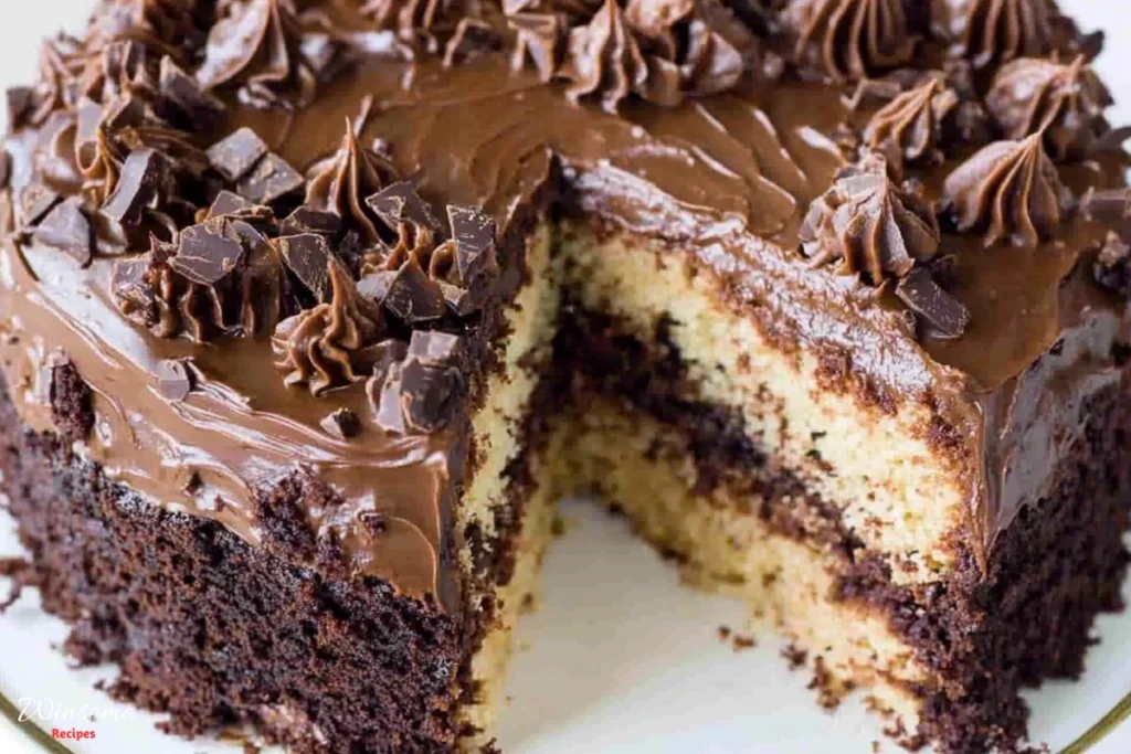 A German chocolate cake with a slice removed, showcasing its rich layers and decadent frosting.