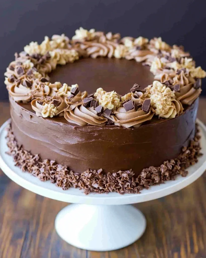A German chocolate cake topped with rich chocolate frosting and sprinkled with chocolate chips.