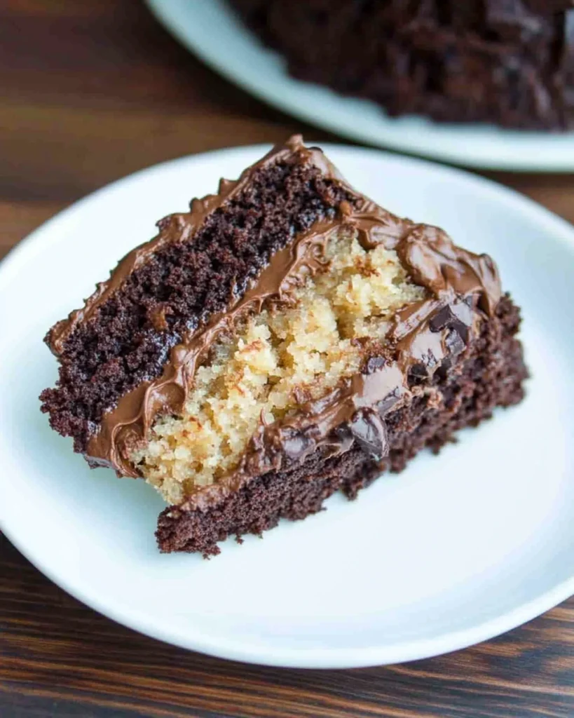 A slice of German chocolate cake on a white plate, showcasing rich chocolate layers and coconut frosting.