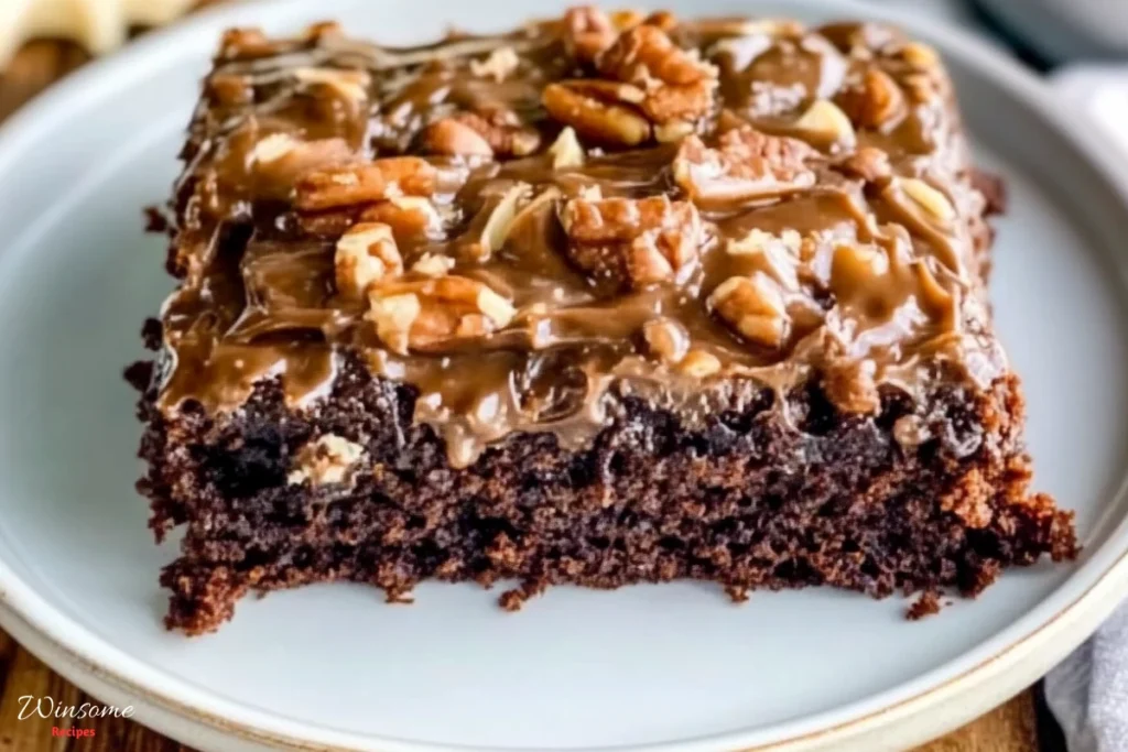 Delicious german chocolate sheet cake on a plate, showcasing layers of rich chocolate and creamy peanut butter frosting.