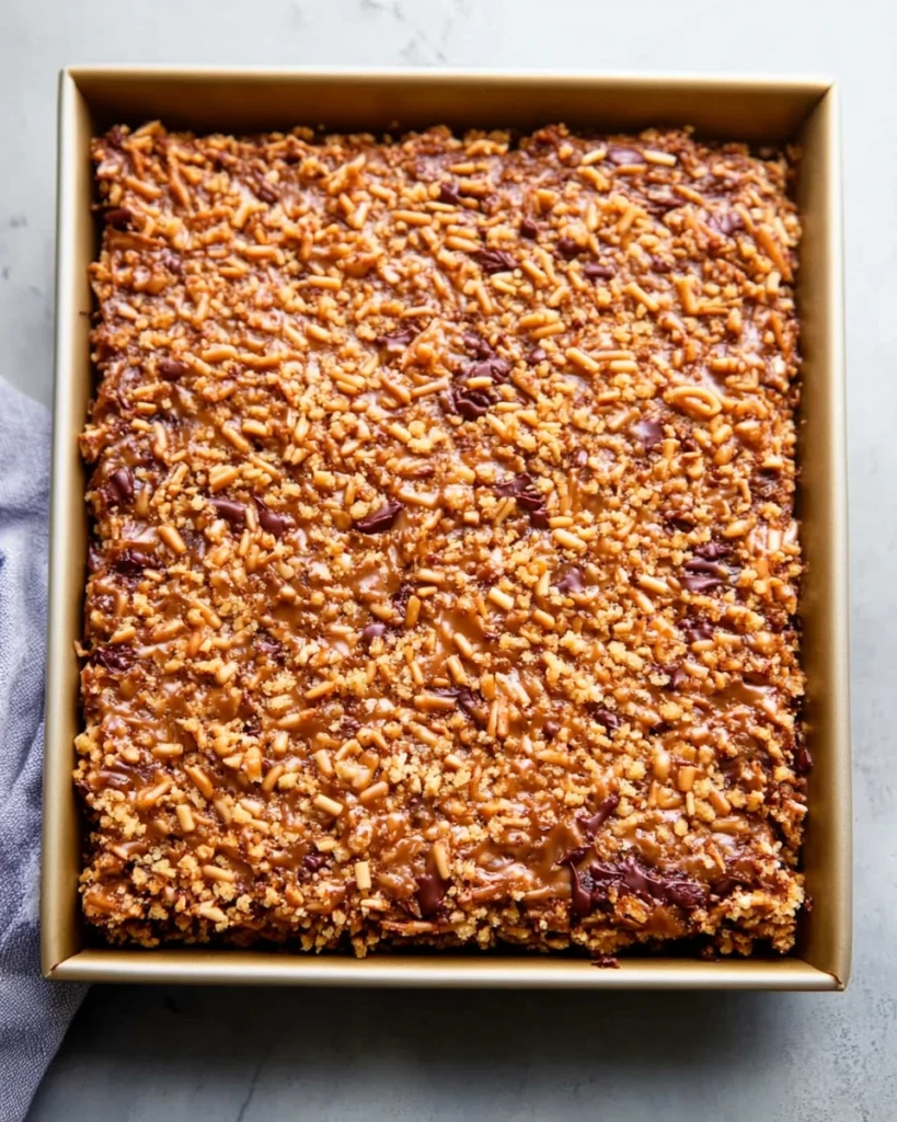 A square pan filled with delicious german chocolate sheet cake, showcasing a tempting treat perfect for any dessert lover.
