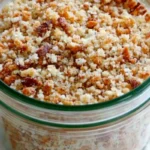 A jar of gluten free bread crumbs sits on a table, ready for cooking or baking.