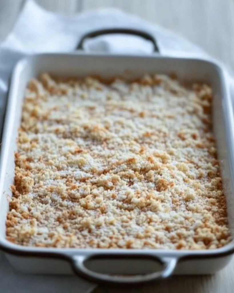 A baking dish filled with gluten-free bread crumbs, showcasing a light, crumbly texture and a golden hue.