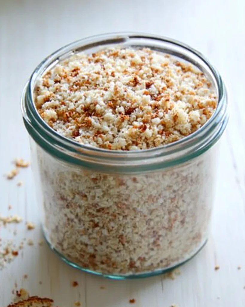 A jar of coconut flour sits on a table, perfect for making gluten-free bread crumbs and delicious recipes.
