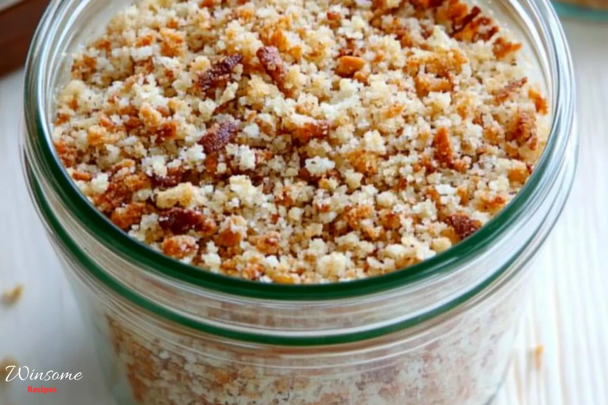 A jar of gluten free bread crumbs sits on a table, ready for cooking or baking.