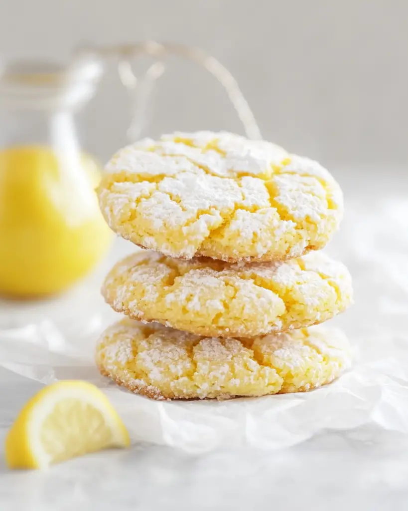 A stack of lemon crinkle cookies beside a glass jar filled with fresh lemon juice, showcasing a delightful citrus treat.