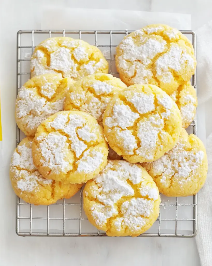 Lemon crinkle cookies on a baking sheet, showcasing their powdered sugar coating and bright yellow color.