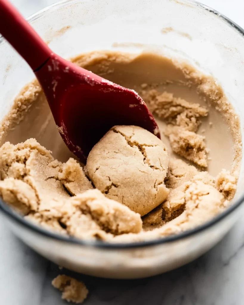 A bowl of snickerdoodle cookie dough with a red spatula ready for baking.