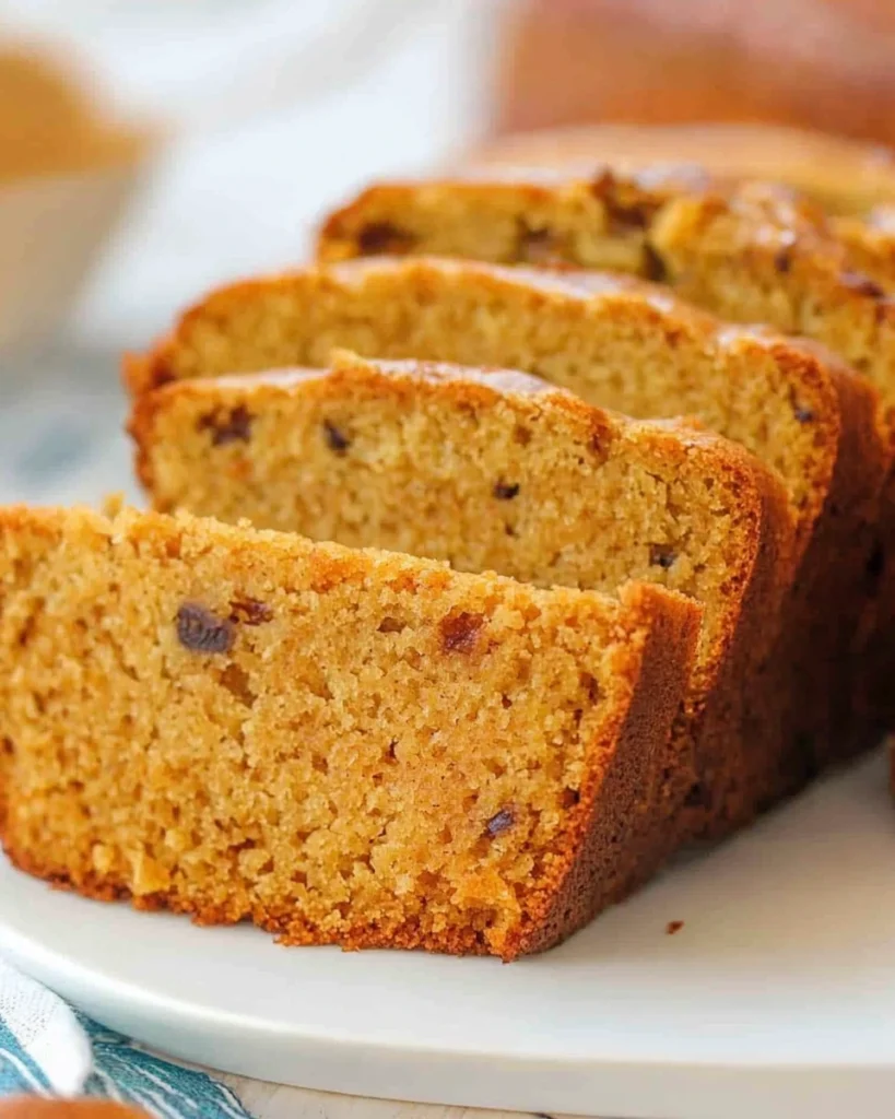 Sliced sweet potato banana bread arranged neatly on a white plate, showcasing its moist texture and inviting appearance.