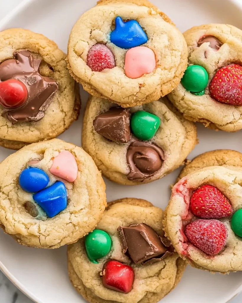 Delicious strawberry shortcake cookies adorned with colorful candy and chocolate chips, perfect for a sweet treat.