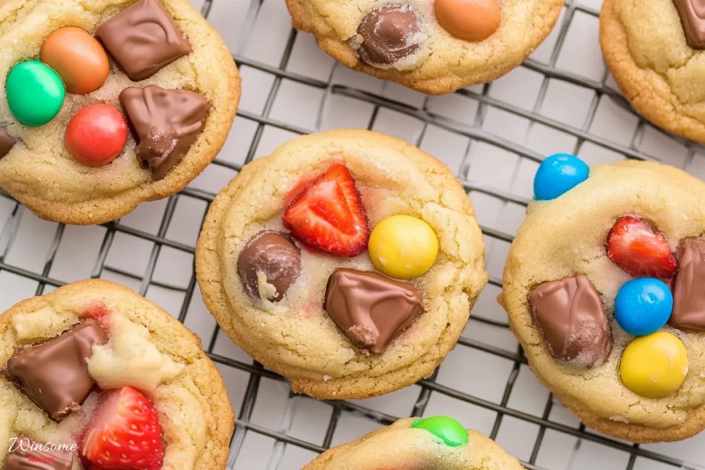 Strawberry and chocolate chip cookies cooling on a rack, showcasing a delightful blend of flavors and colors.