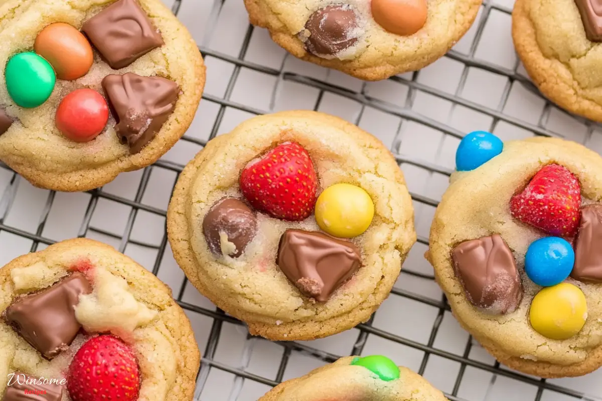 Strawberry and chocolate chip candy cookies cooling on a rack, showcasing a delightful blend of flavors in a tempting display.