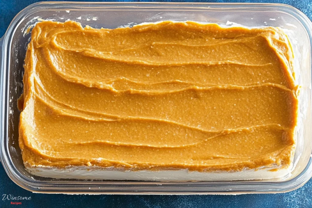 A plastic container filled with creamy peanut butter frosting, perfect for topping pumpkin cream cheese bars.