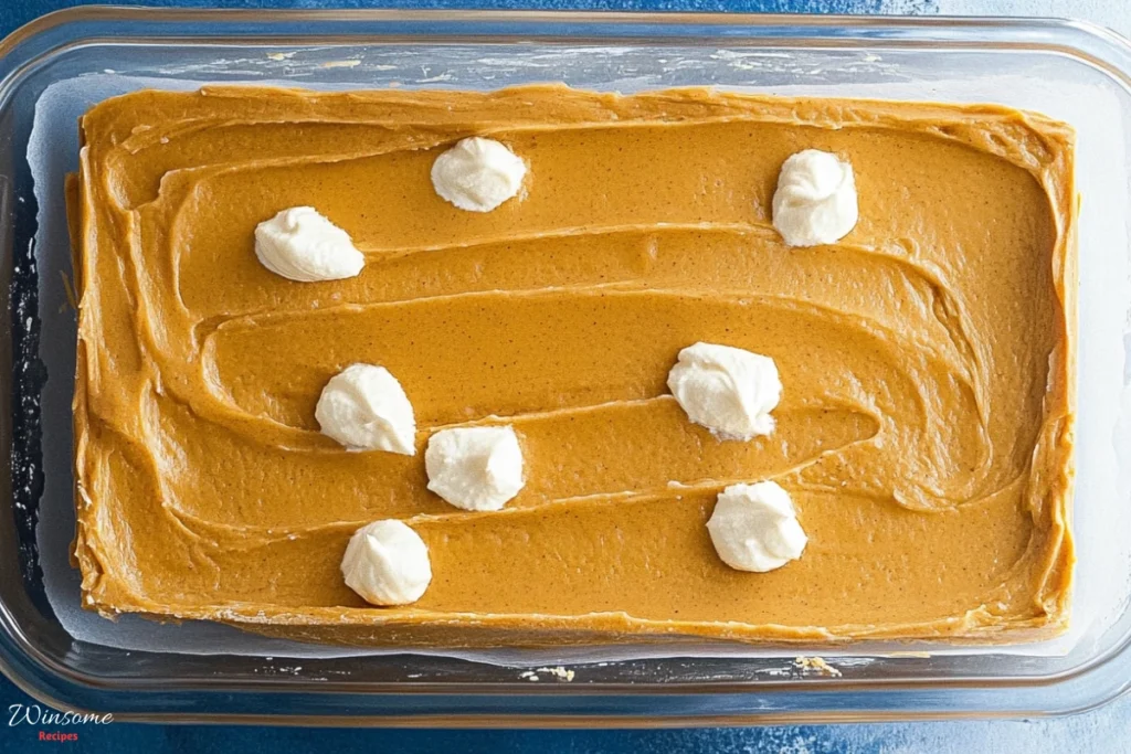 A delicious square of pumpkin cream cheese bars, topped with a creamy layer and a sprinkle of cinnamon.
