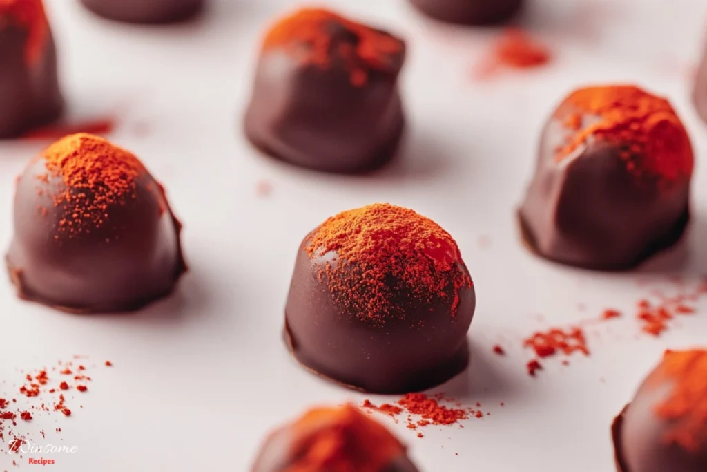 Chocolate-covered strawberry truffles dusted with vibrant orange powder, creating a visually appealing and delicious treat.