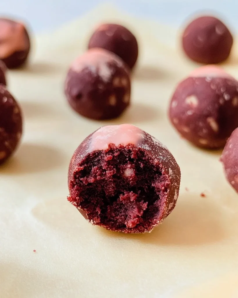 A close-up of a chocolate-covered red velvet truffle, showcasing its rich texture and vibrant color.