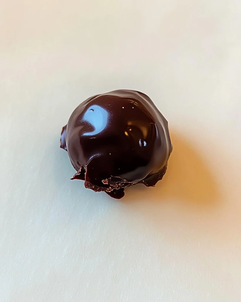 A chocolate-covered cookie placed on a white surface, showcasing its rich texture and delightful appearance.