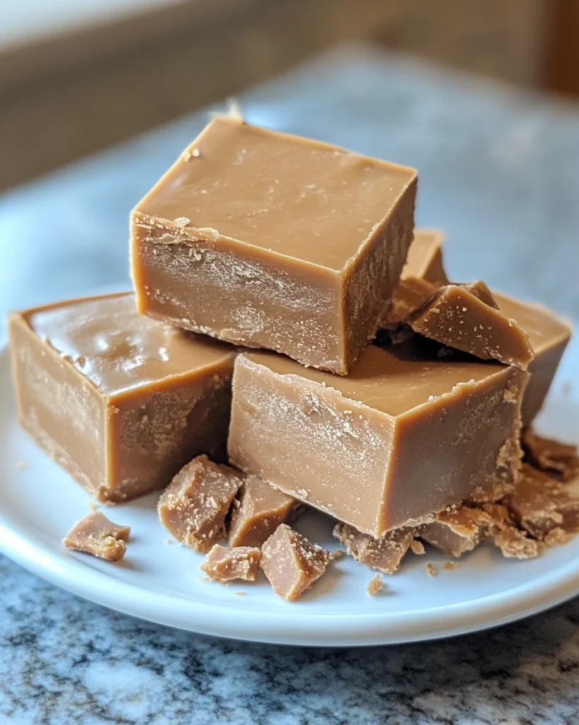 A plate of easy peanut butter fudge resting on a table, inviting and deliciously sweet.