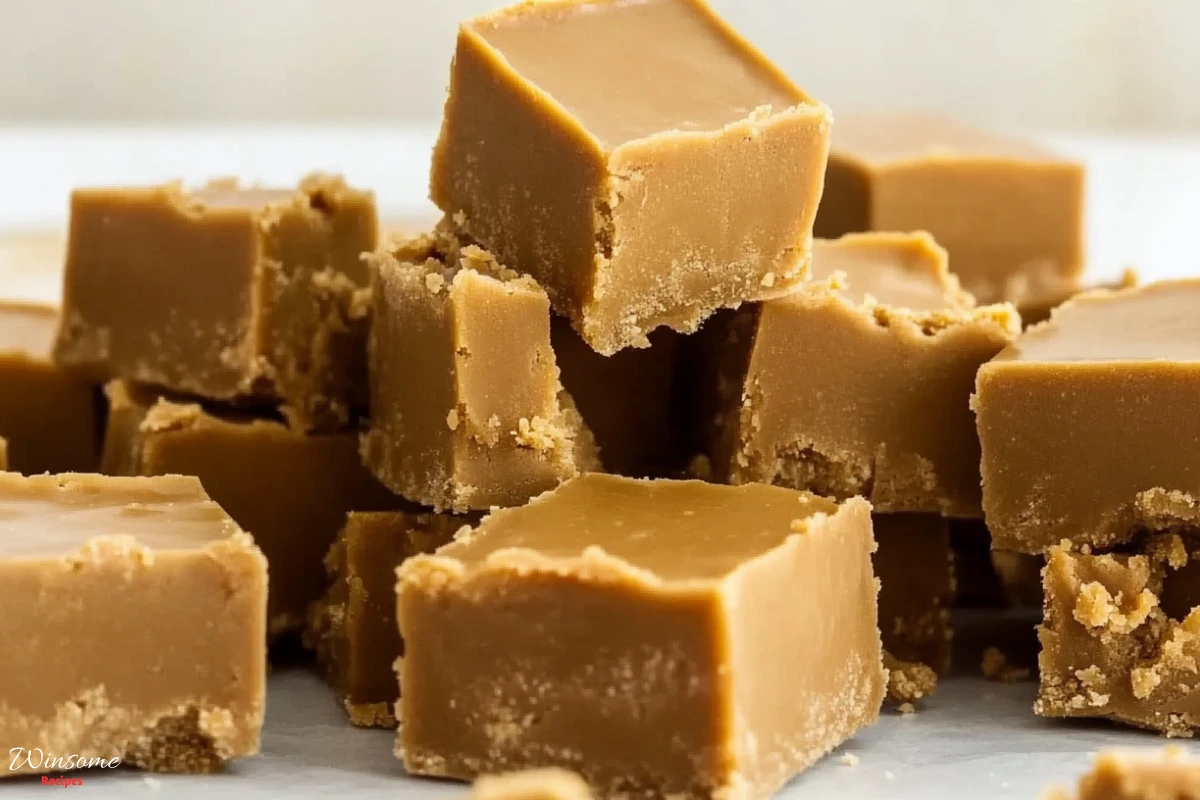 A tempting pile of easy peanut butter fudge squares on a clean white surface, ready to be enjoyed.
