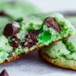 A plate of freshly baked green mint chocolate chip cookies, showcasing their vibrant color and delicious chocolate chunks.