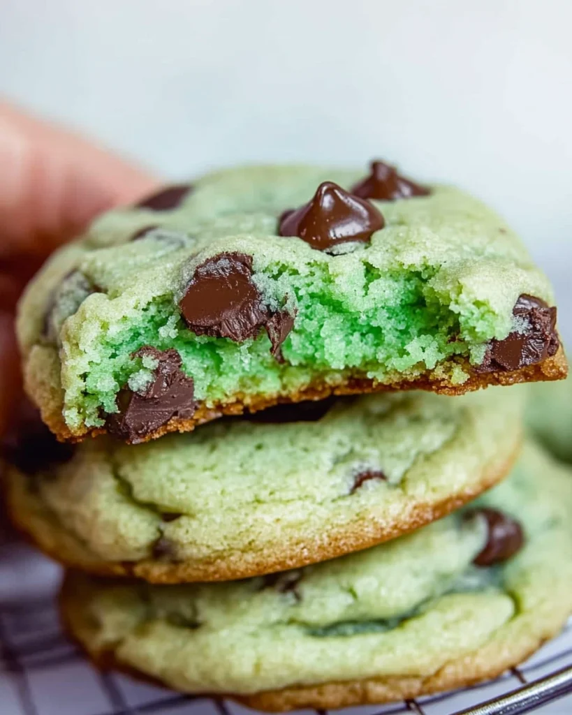 A mint chocolate chip cookie with a bite taken out, showcasing its green color and chocolate chips.