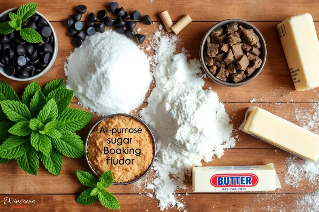 A collection of ingredients for mint chocolate chip cookies, including sugar and baking powder, arranged on a countertop.