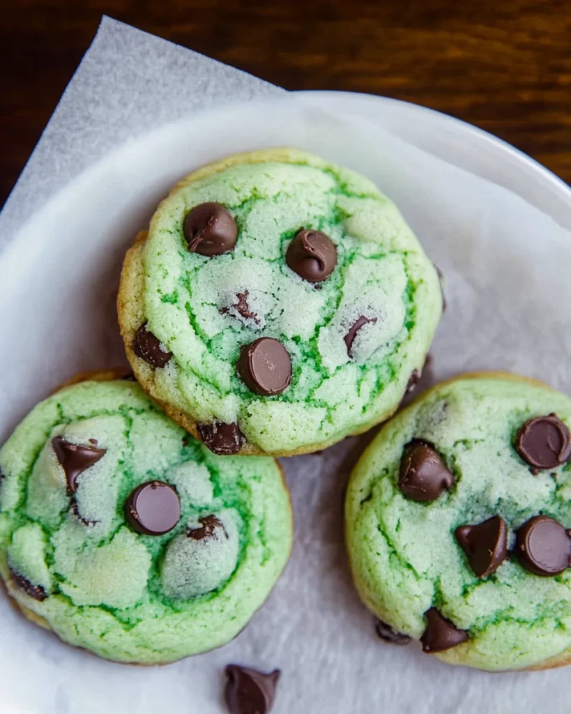 Green mint chocolate chip cookies arranged neatly on a white plate, showcasing their vibrant color and delicious texture.